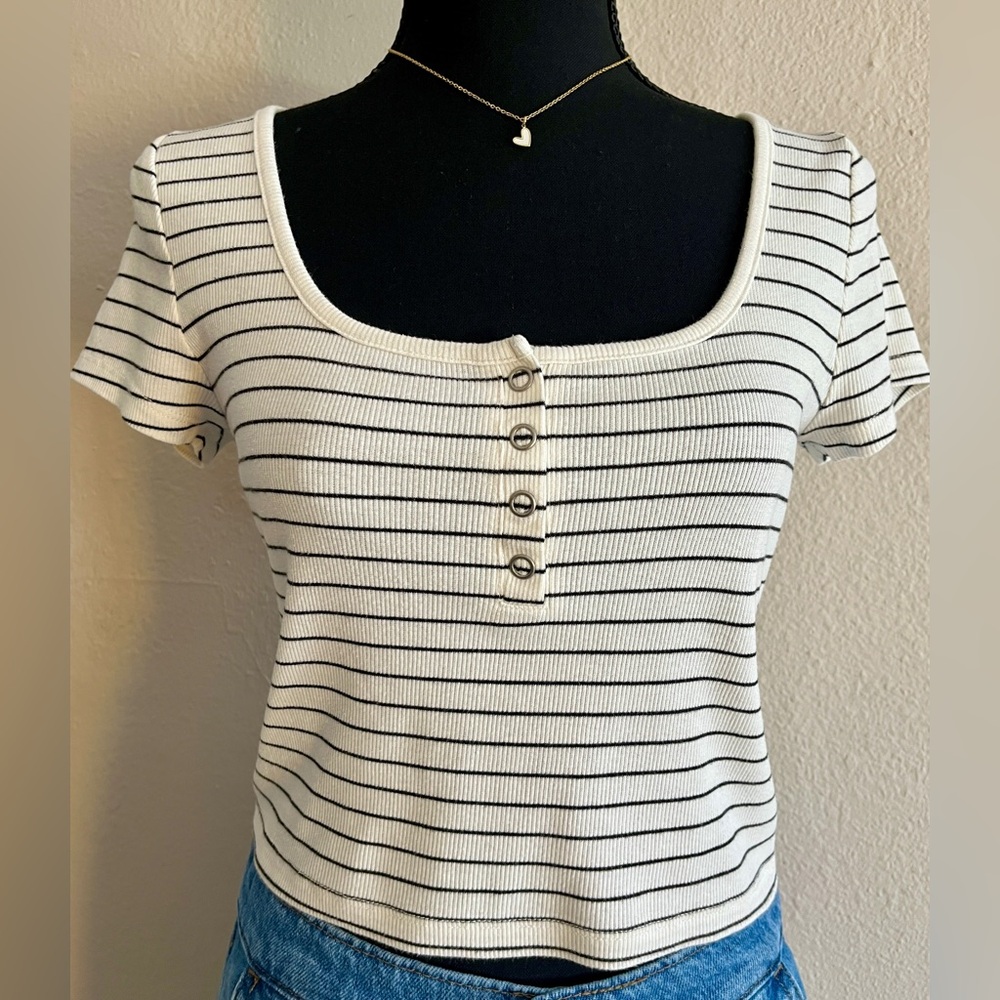 Madewell Cream and Black Striped Button-Front Tee